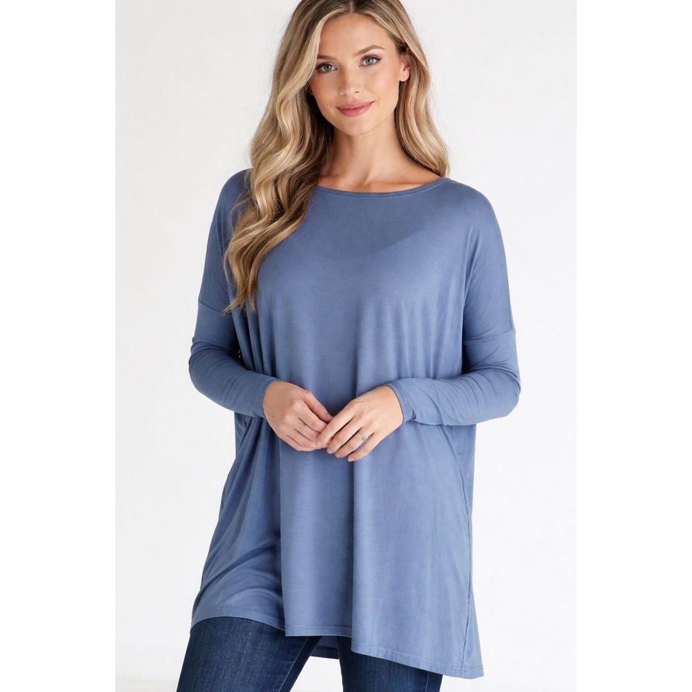 PIKO Classic Bamboo Long Sleeve Top Womens S Blue Oversized Soft Knit Cozy Comfy